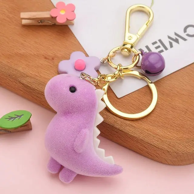 GeoDino™ 3D Cartoon Keychain — Flocked Dinosaur Pendant