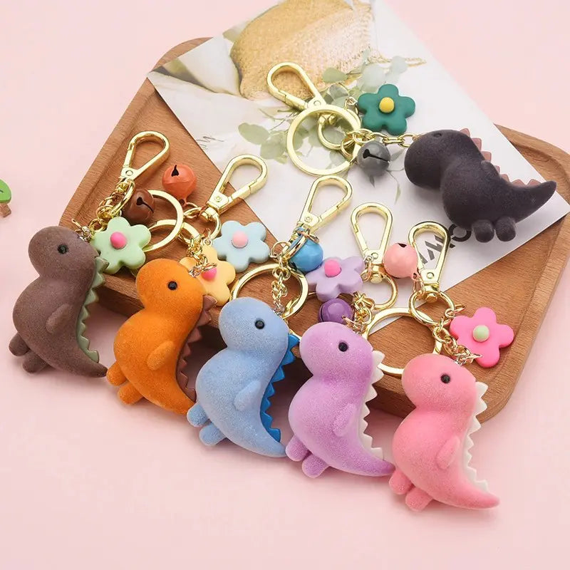 GeoDino™ 3D Cartoon Keychain — Flocked Dinosaur Pendant