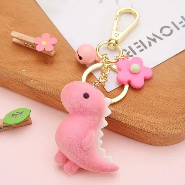 GeoDino™ 3D Cartoon Keychain — Flocked Dinosaur Pendant