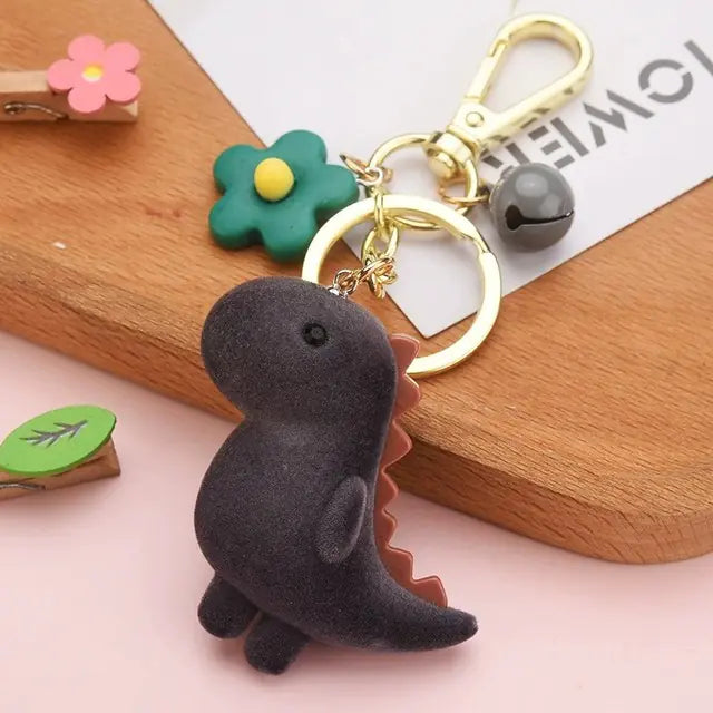 GeoDino™ 3D Cartoon Keychain — Flocked Dinosaur Pendant