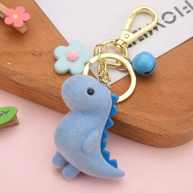 GeoDino™ 3D Cartoon Keychain — Flocked Dinosaur Pendant
